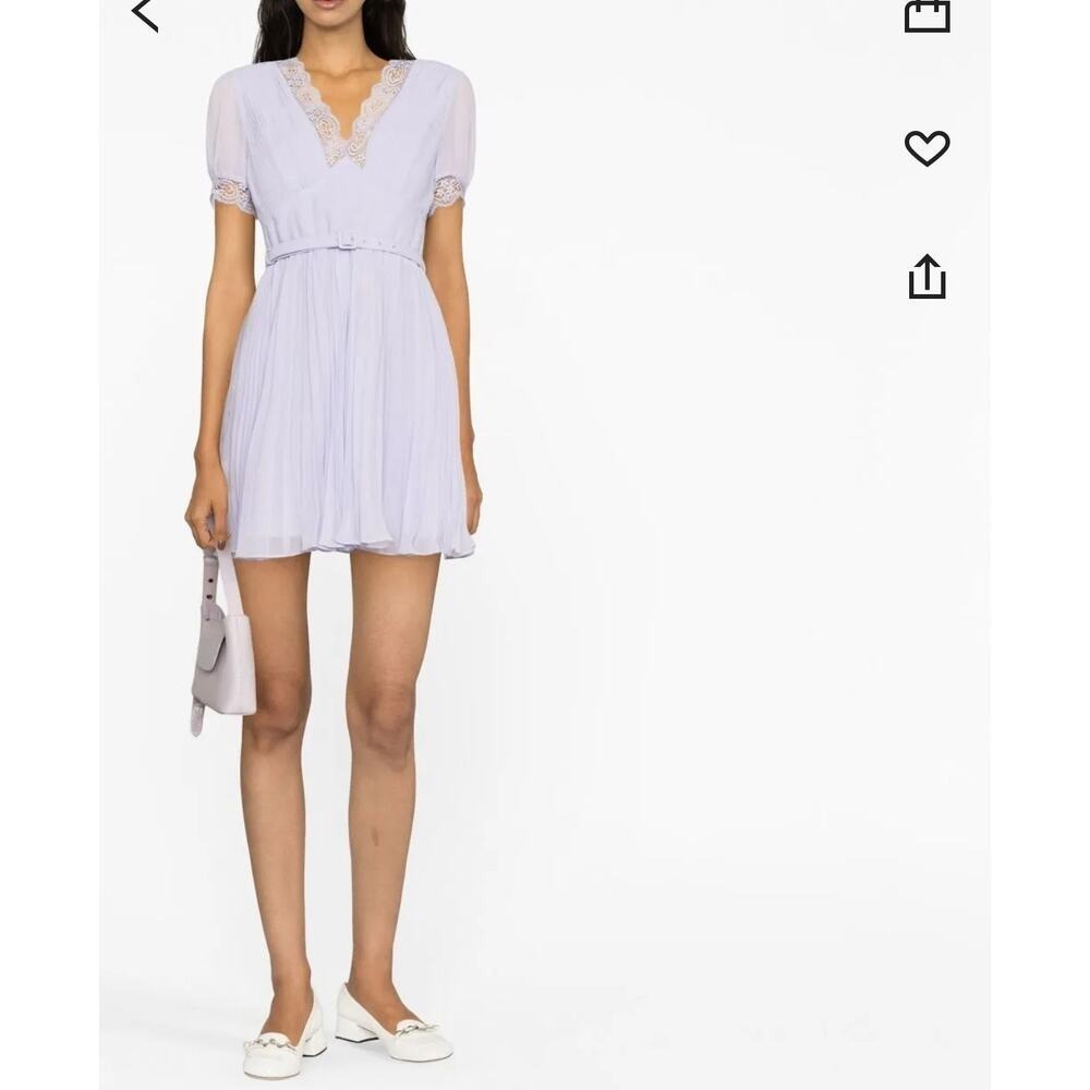 Self-Portrait Lilac Chiffon Pleated Mini Dress Lace Trim Belted RS23-075S-L US 2